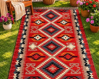 Red Wool Jute Kilim Rug,Handwoven Tribal Area Rug, Southwestern  Rug, Geometric  Carpet, Rustic Farmhouse Floor Rug,Vintage Style Accent Rug
