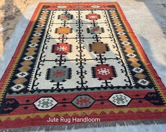 Handwoven Wool Jute Kilim Rug, Wool Jute Rug, Kilim Jute Rug, Flatweave Rug, Bohemian Rug, Indian Dhurrie Rug, Navajo Kilim Rug, Custom Rug