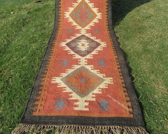 Kelimloper, wollen jute kelimtapijt, halloper, platgeweven vloerkleed, keuken, gangloper, traploper, vintage, Turkse kelimloper,