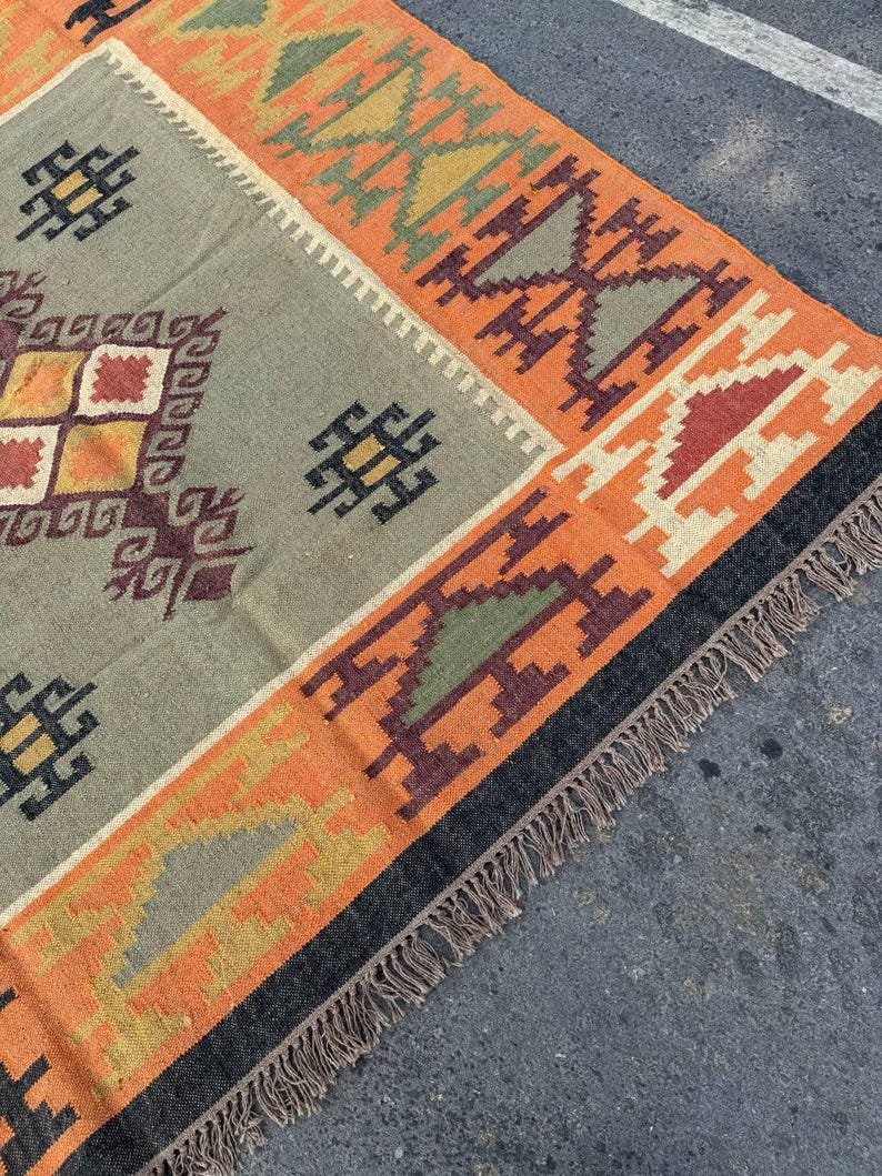 Geometric Kilim Livingroom Rug, 8x10 Handmade Wool Jute Rug, Vintage Wool Area Rug 8x12, Floor Patio Bedroom Rug Custom Kitchen Hallway Rug image 10