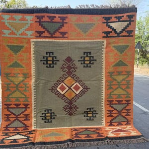 Geometric Kilim Livingroom Rug, 8x10 Handmade Wool Jute Rug, Vintage Wool Area Rug 8x12, Floor Patio Bedroom Rug Custom Kitchen Hallway Rug image 3