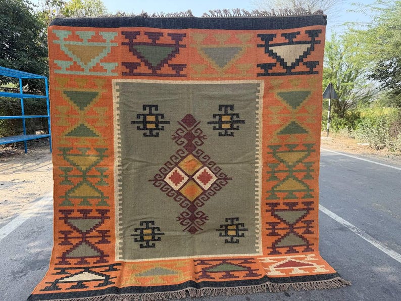 Geometric Kilim Livingroom Rug, 8x10 Handmade Wool Jute Rug, Vintage Wool Area Rug 8x12, Floor Patio Bedroom Rug Custom Kitchen Hallway Rug image 3