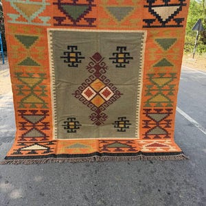 Geometric Kilim Livingroom Rug, 8x10 Handmade Wool Jute Rug, Vintage Wool Area Rug 8x12, Floor Patio Bedroom Rug Custom Kitchen Hallway Rug image 6