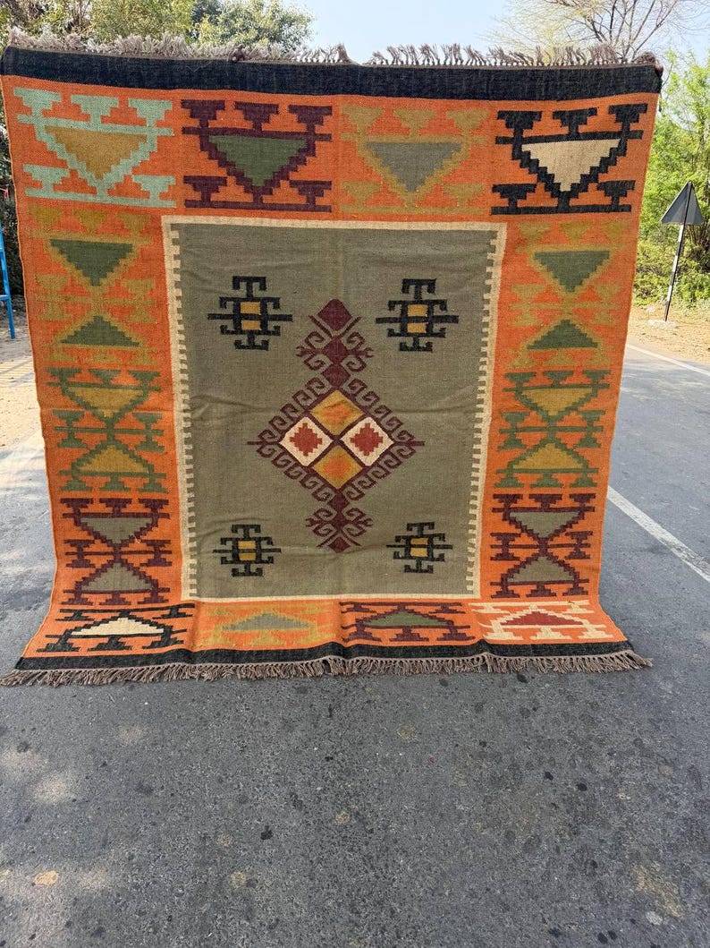 Geometric Kilim Livingroom Rug, 8x10 Handmade Wool Jute Rug, Vintage Wool Area Rug 8x12, Floor Patio Bedroom Rug Custom Kitchen Hallway Rug image 6