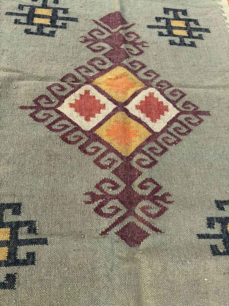Geometric Kilim Livingroom Rug, 8x10 Handmade Wool Jute Rug, Vintage Wool Area Rug 8x12, Floor Patio Bedroom Rug Custom Kitchen Hallway Rug image 14