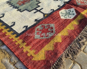 Handmade Kilim Wool Jute Rug, Aztec Rug, Accent Rug,Indoor Rug, Living/Dinning Room 4x8 Ft. Wool Jute Kilim Rug, Indian Dhurrie Rug.