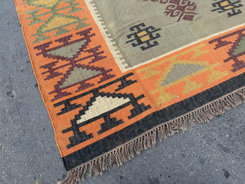 Geometric Kilim Livingroom Rug, 8x10 Handmade Wool Jute Rug, Vintage Wool Area Rug 8x12, Floor Patio Bedroom Rug Custom Kitchen Hallway Rug image 9