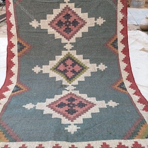 Handwoven Wool Jute Kilim Rug, Green Kilim Rug, Wool Jute Rug, Hallway/Livingroom Kilim Rug, Navajo Rug Outdoor/Indoor Rug, Indian Kilim Rug
