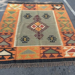Geometric Kilim Livingroom Rug, 8x10 Handmade Wool Jute Rug, Vintage Wool Area Rug 8x12, Floor Patio Bedroom Rug Custom Kitchen Hallway Rug image 13