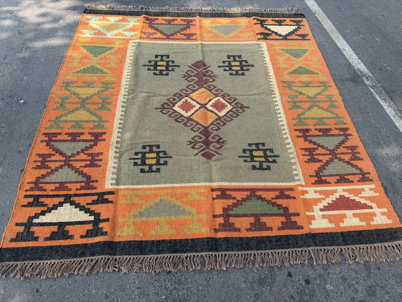 Geometric Kilim Livingroom Rug, 8x10 Handmade Wool Jute Rug, Vintage Wool Area Rug 8x12, Floor Patio Bedroom Rug Custom Kitchen Hallway Rug image 13