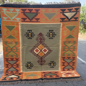 Geometric Kilim Livingroom Rug, 8x10 Handmade Wool Jute Rug, Vintage Wool Area Rug 8x12, Floor Patio Bedroom Rug Custom Kitchen Hallway Rug image 4