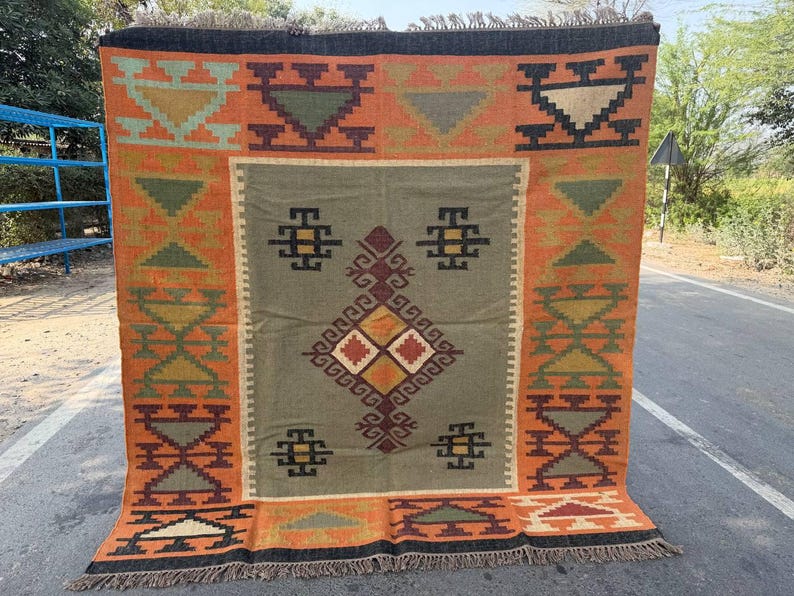 Geometric Kilim Livingroom Rug, 8x10 Handmade Wool Jute Rug, Vintage Wool Area Rug 8x12, Floor Patio Bedroom Rug Custom Kitchen Hallway Rug image 4