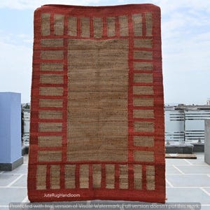 Handwoven Hemp Jute Rug, Rust Red Border Area Rug, Farmhouse Floor Covering, Modern Boho Decor, Statement Entryway Rug, Handmade Carpet