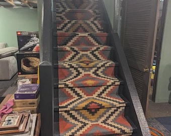 2 x 20 ft kelim traploper handgeweven vintage Azteekse motiefstijl veelkleurige kelimloper, wol- en juteloper, op maat gemaakt traplopertapijt
