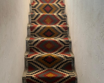 2x20 Ft Kilim Stair Runner - Handwoven Vintage Aztec Motif Style | Multicolor Hallway Kilim Runner - Wool & Jute Runner | Custom Stair Rugs