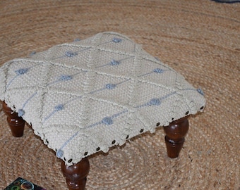 Taburete de tela de algodón, puf tapizado, reposapiés Kilim de madera de acacia, decoración bohemia para el hogar