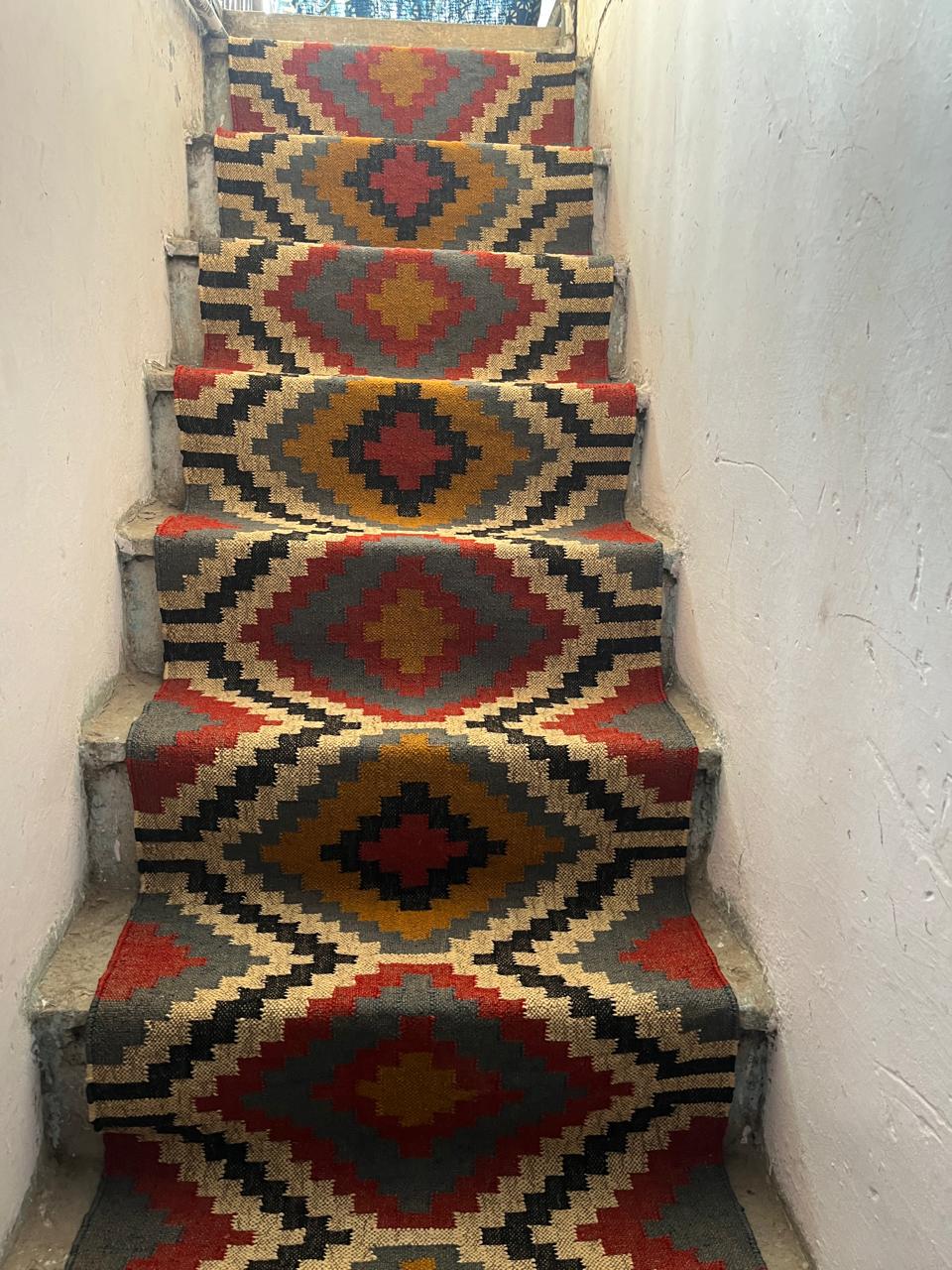 2x20 Feet Kilim Stair Runner - Hand Woven Vintage Aztec Motif Style | Multicolor Hallway Kilim Runner, Wool & Jute Runner | Custom Stair Rug