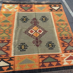 Geometric Kilim Livingroom Rug, 8x10 Handmade Wool Jute Rug, Vintage Wool Area Rug 8x12, Floor Patio Bedroom Rug Custom Kitchen Hallway Rug image 12