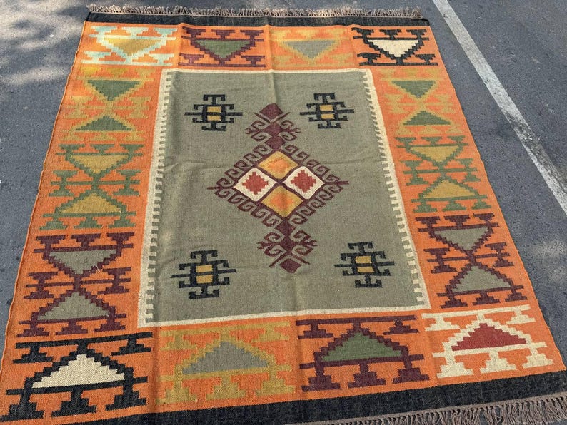 Geometric Kilim Livingroom Rug, 8x10 Handmade Wool Jute Rug, Vintage Wool Area Rug 8x12, Floor Patio Bedroom Rug Custom Kitchen Hallway Rug image 12
