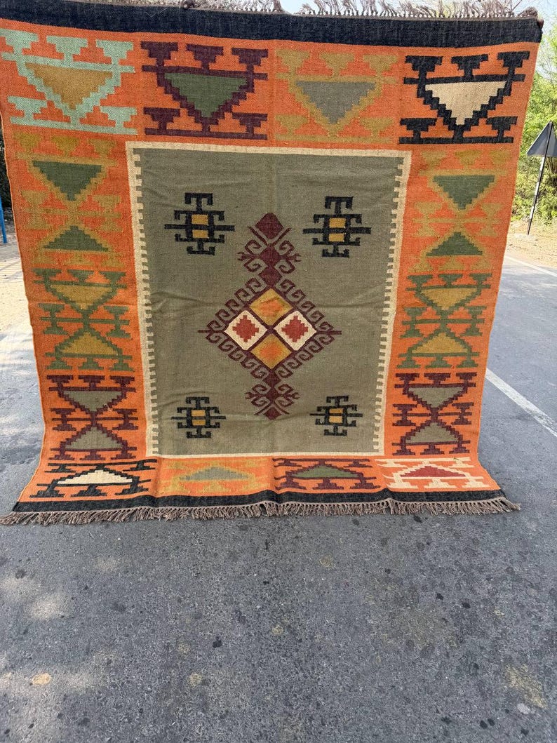 Geometric Kilim Livingroom Rug, 8x10 Handmade Wool Jute Rug, Vintage Wool Area Rug 8x12, Floor Patio Bedroom Rug Custom Kitchen Hallway Rug image 5
