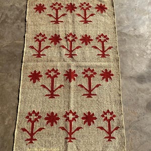 Handwoven Wool Jute Kilim Rug, Red Floral Kilim Rug, Flatweave Kilim Rug, Bohemian Rug, Navajo Rug, Indian Kilim Dhurrie Rug, Jute Area Rug,