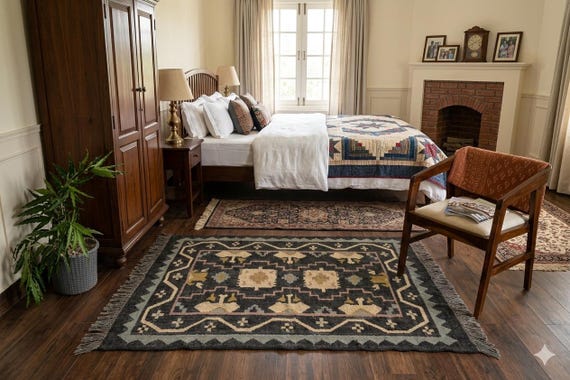 Vintage Tribal Wool Jute Rug - Charcoal Gray Kilim Area Rug - Rustic Geometric Dhurrie - Boho Bedroom Accent Rug - Handwoven Traditional Mat