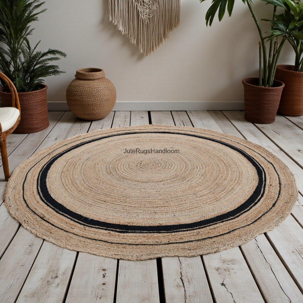 Handwoven Round Jute Rug – Beige With Black Natural Boho Circle