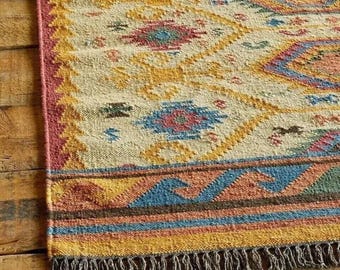 Wool & Jute Rug, Handmade Kilim Rug, Kilim Dhurrie Rug, Motifs, Oriental, Traditional Indian, Geometric, Turkish Rug, Custom Size Rugs