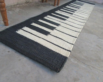Handmade Black With White Piano Pattern Hemp Jute Runner Rug, Bohemian Handmade Stair Carpet Decorative Entryway, Hallway Runner Custom Rug