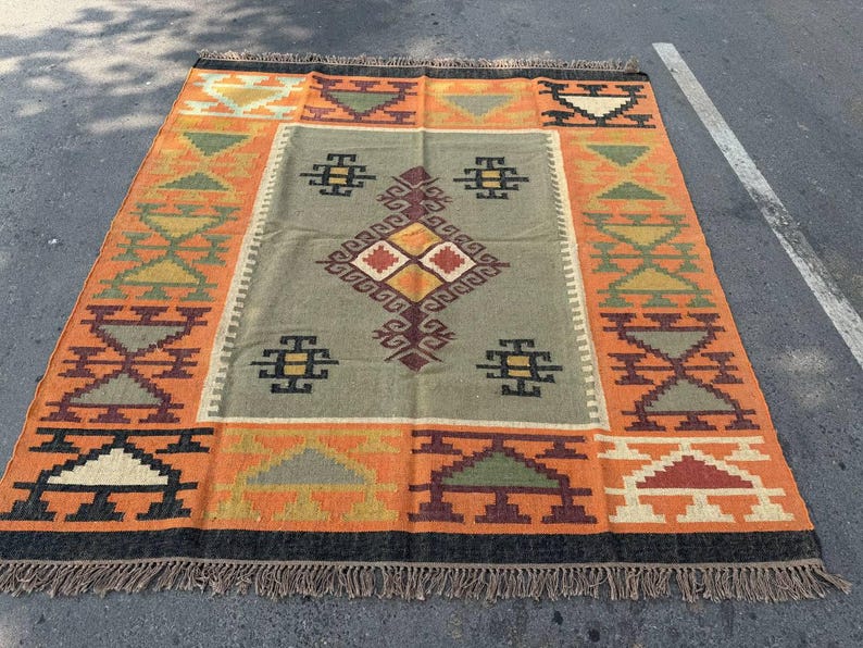 Geometric Kilim Livingroom Rug, 8x10 Handmade Wool Jute Rug, Vintage Wool Area Rug 8x12, Floor Patio Bedroom Rug Custom Kitchen Hallway Rug image 16