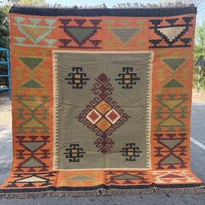 Geometric Kilim Livingroom Rug, 8x10 Handmade Wool Jute Rug, Vintage Wool Area Rug 8x12, Floor Patio Bedroom Rug Custom Kitchen Hallway Rug image 7