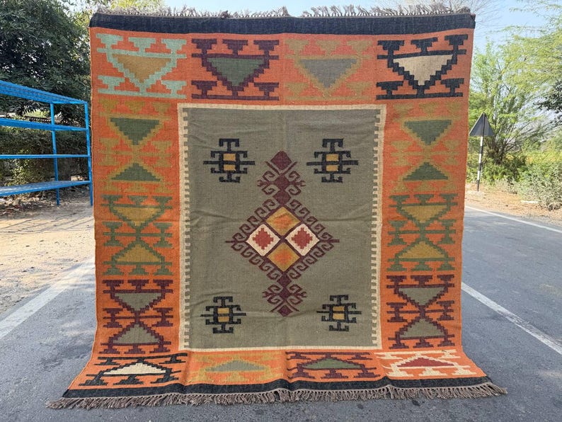 Geometric Kilim Livingroom Rug, 8x10 Handmade Wool Jute Rug, Vintage Wool Area Rug 8x12, Floor Patio Bedroom Rug Custom Kitchen Hallway Rug image 7