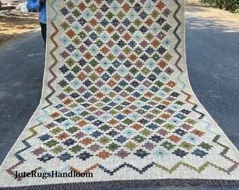 Large Handwoven Wool Jute Kilim Rug, Neutral Boho Area Rug, Moroccan Style Flatweave Carpet, Tribal Wool Rug, Farmhouse Decor, Bedroom Rug