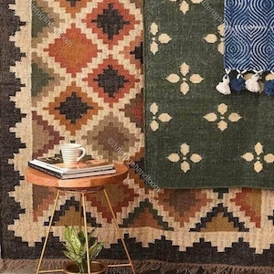 Handgeweven veelkleurig wol jute kelimtapijt Boho woondecoratie Indiaas traditioneel kelim dhurrie-tapijt aangepast formaat vloerkleed