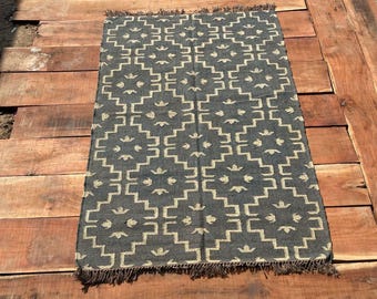 Kilim Rug, Handmade, Wool Jute Kilim Rug, Wool & Jute Rug, Flatweave Rug, Navajo Kilim Rug, Home Decor, Traditional Indian jute area rug