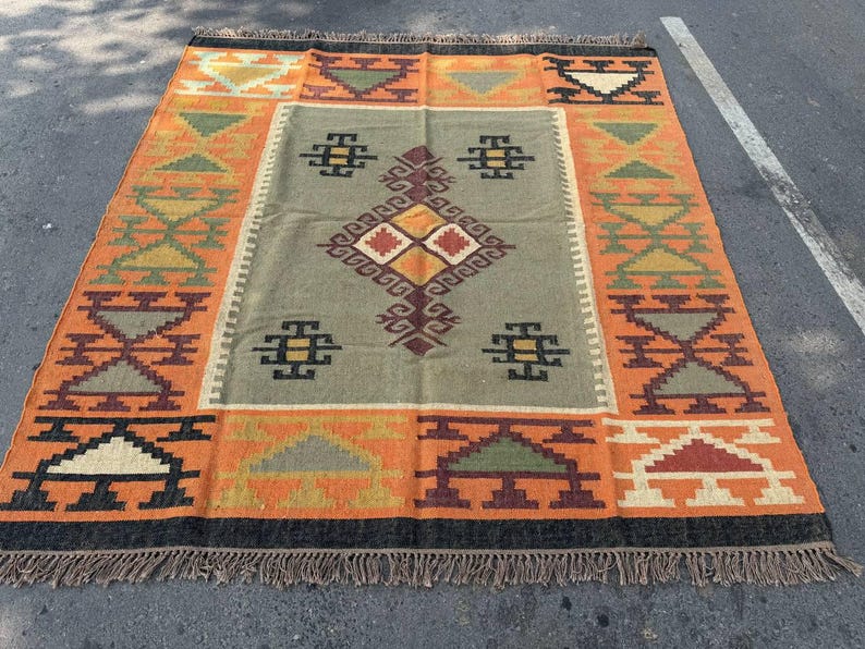 Geometric Kilim Livingroom Rug, 8x10 Handmade Wool Jute Rug, Vintage Wool Area Rug 8x12, Floor Patio Bedroom Rug Custom Kitchen Hallway Rug image 15