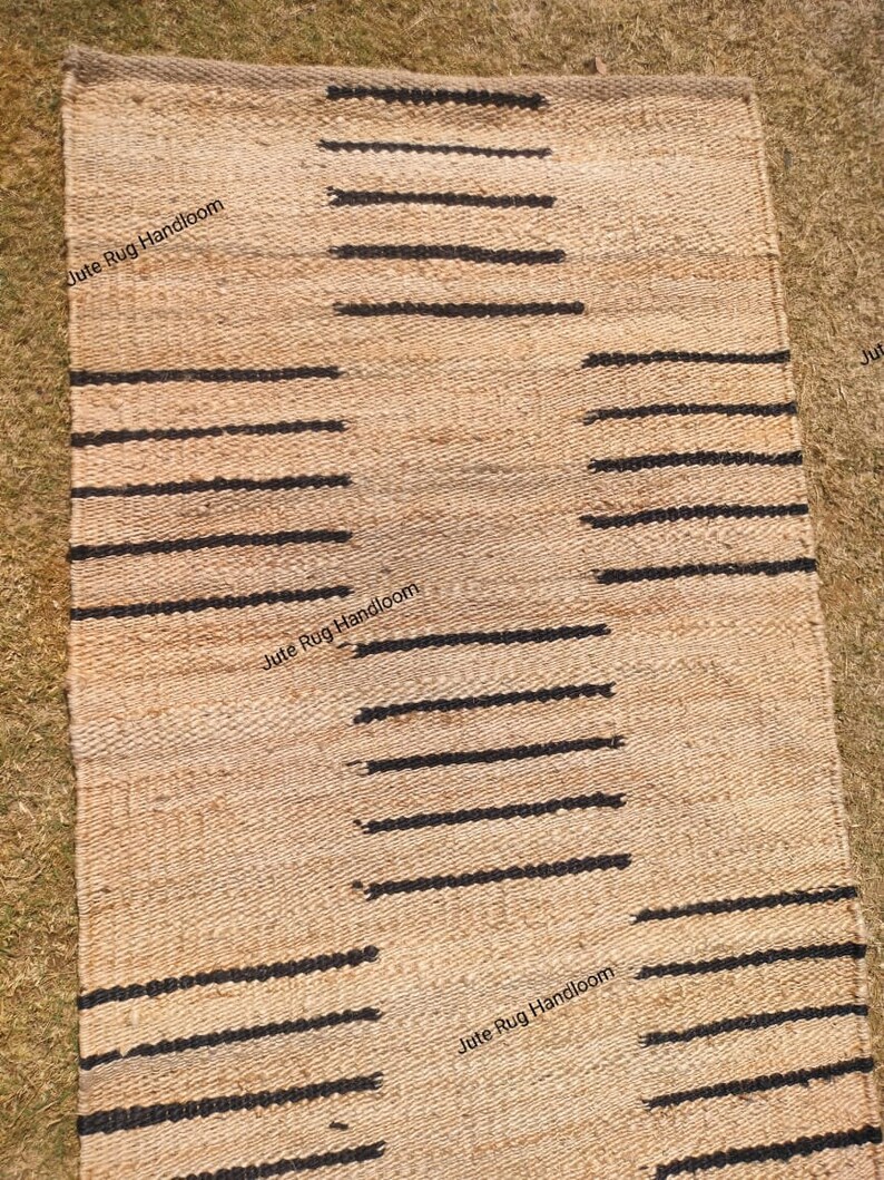 Handmade Jute Runner Rug, Vintage Jute Runner, Natural and Black Strip Runner, Custom Rug Runner
