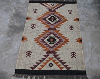 Kilim Rug Handwoven Wool Jute Rug Handmade Kilim Dhurrie Rug, Motifs Oriental Traditional Indian Geometric Turkish Home decorJute Kilim Rug
