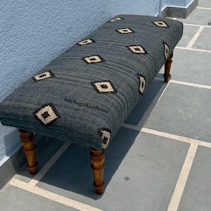 Grey Kilim Bench, Charcoal Wool Upholstered Ottoman, Handcrafted Diamond Pattern Footstool with Wooden Legs, Entryway Bench, Boho Home Decor