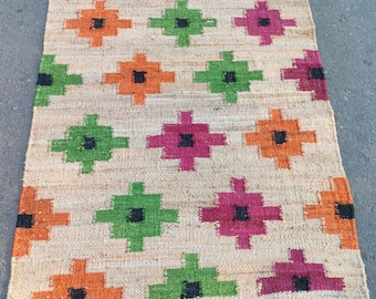 Handgeweven hennepjute tapijt met kleurrijk patroon, boho vloerkleed, woon-/eetkamertapijt, woondecoratietapijt, henneptapijt, tapijt op aangepast formaat, Turks tapijt.