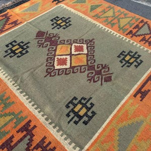 Geometric Kilim Livingroom Rug, 8x10 Handmade Wool Jute Rug, Vintage Wool Area Rug 8x12, Floor Patio Bedroom Rug Custom Kitchen Hallway Rug image 8