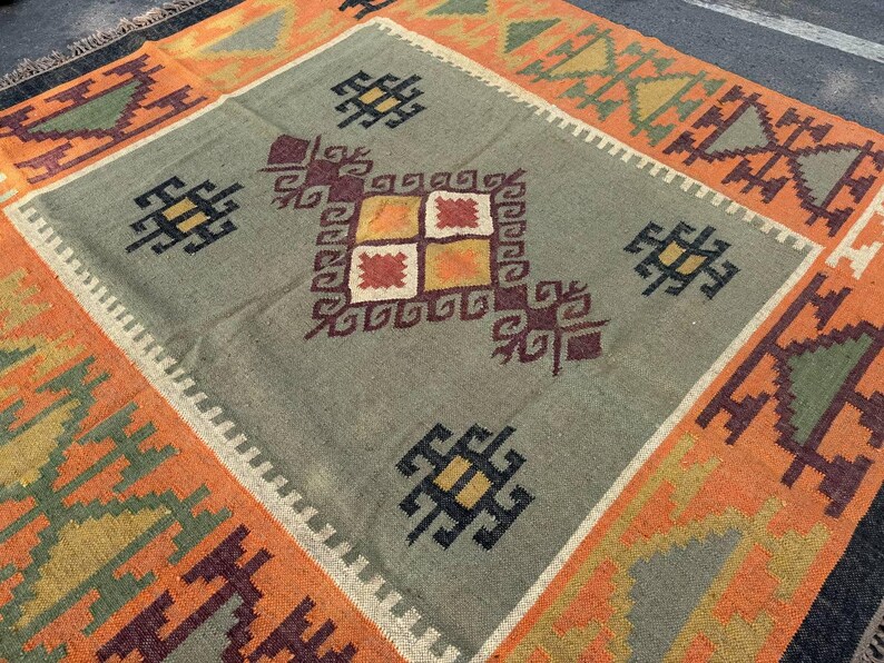 Geometric Kilim Livingroom Rug, 8x10 Handmade Wool Jute Rug, Vintage Wool Area Rug 8x12, Floor Patio Bedroom Rug Custom Kitchen Hallway Rug image 8