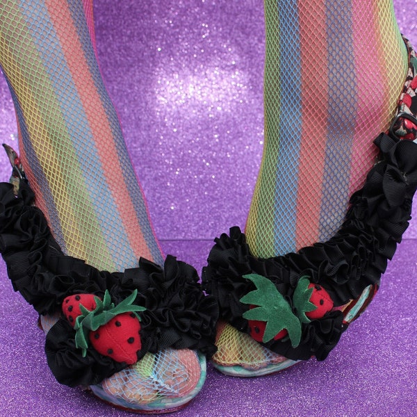 Irregular Choice Raspberry Ripple’s - Used - Kitsch Retro slingback sandals with black ruffled fabric and fruity strawberry trim