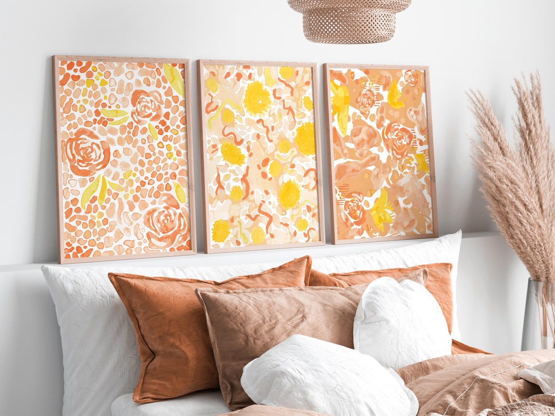 Roses Gallery Wall Set, Set of 3, Orange Printable Wall Art, Digital