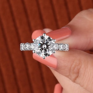 3 - 5 Carat Round Brilliant Cut Lab Grown Diamond IGI Certified E/F-VVS2 / VS1 6 Prong 14k white Gold Pave Ring / Lab Grown Engagement Ring.
