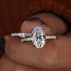 3.00 Carat IGI Certified Oval Lab Grown Diamond Hidden Halo Engagement Ring Set, Matching Round Diamonds Wedding Band 14k White Gold