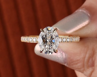 Oval Lab Grown Diamond Ring – 14K Gold Pave Hidden Halo Engagement Ring