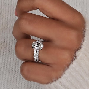 2.50 Carat Oval Lab Diamond Engagement Ring Set: Hidden Halo, Round Diamond Band