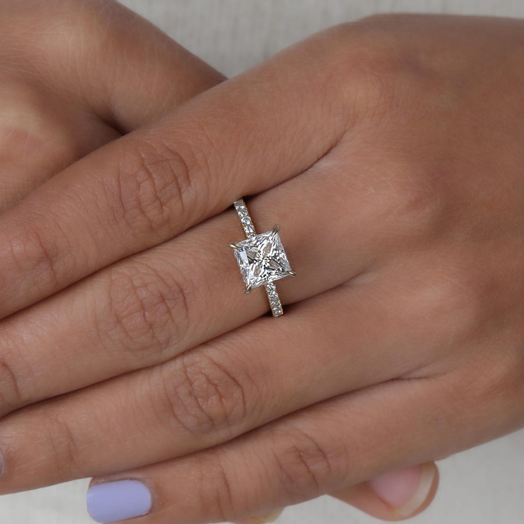2.0 Carat Princess Cut Lab Diamond Hidden Halo Engagement Ring - Etsy