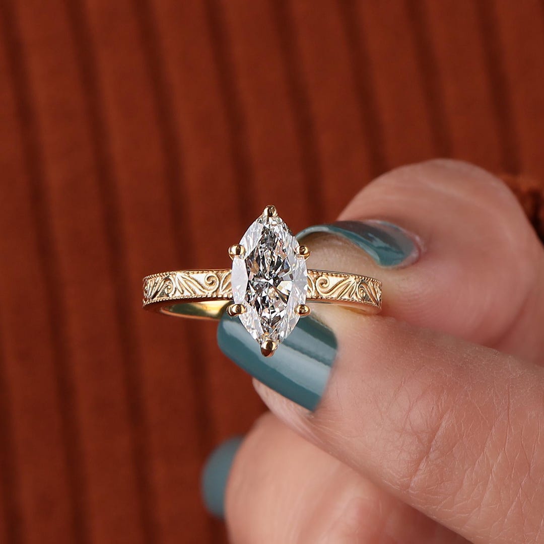 Marquise Cut Lab Grown Diamond Engagement Ring - Vintage 14k Yellow ...